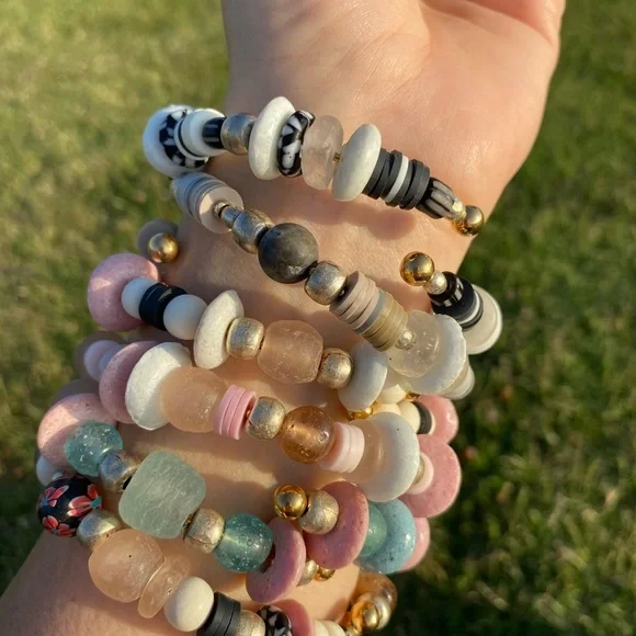 2 piece Handmade bracelet set /stack, in beachy blues. And pinks - Picture 5 of 14